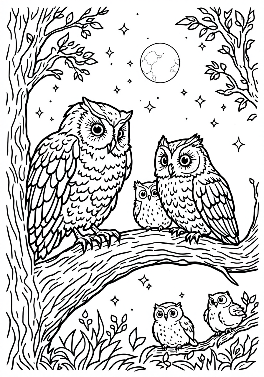 Owls Perched On A Moonlit Branch – Free Animal Coloring Page