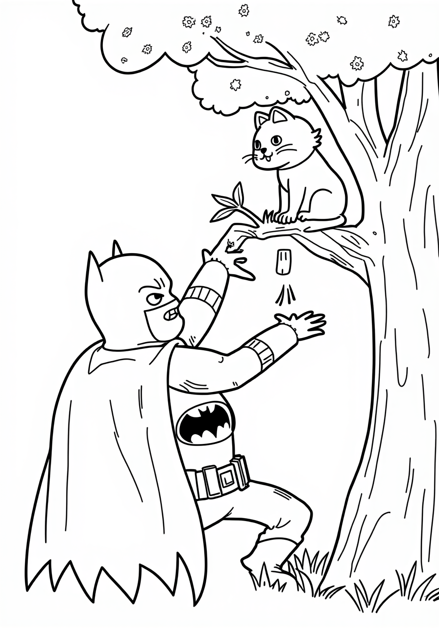 Batman Saving a Cat from a Tree - Free Printable Coloring Page