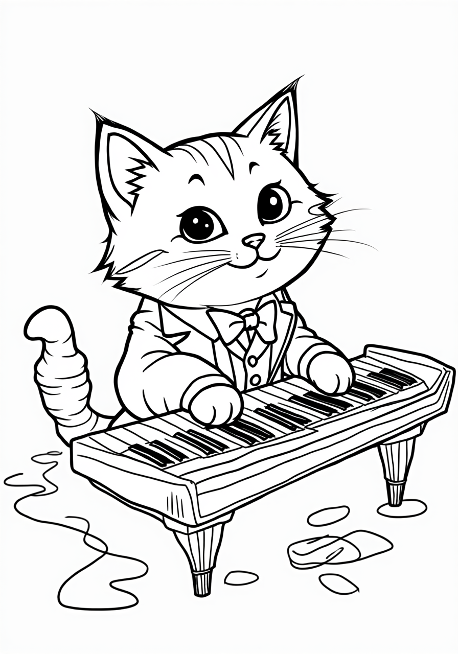 Small Cat Playing Wooden Piano - Free Cat Coloring Page