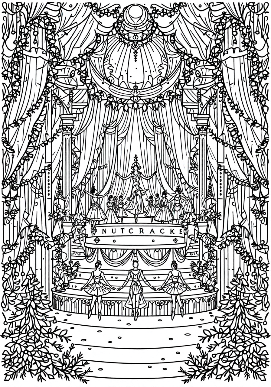Nutcracker Ballet Performance Scene - Free Christmas Coloring Page