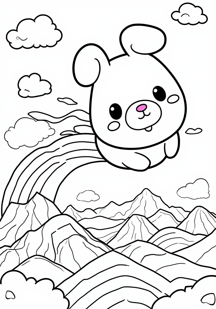 Cinnamoroll Flying Over Rainbow Mountains - Free Cute Coloring Page