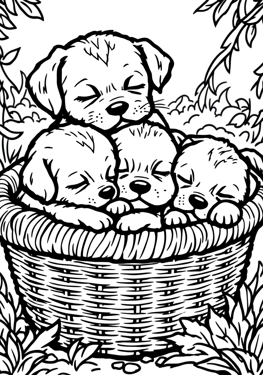 Puppies Sleeping In A Basket - Cute Free Coloring Page