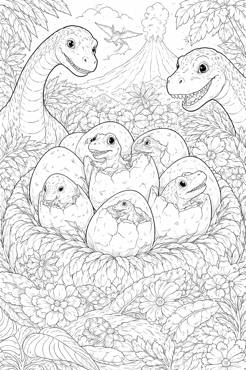 Dinosaur Nest with Hatching Eggs – Free Dinosaur Coloring Page