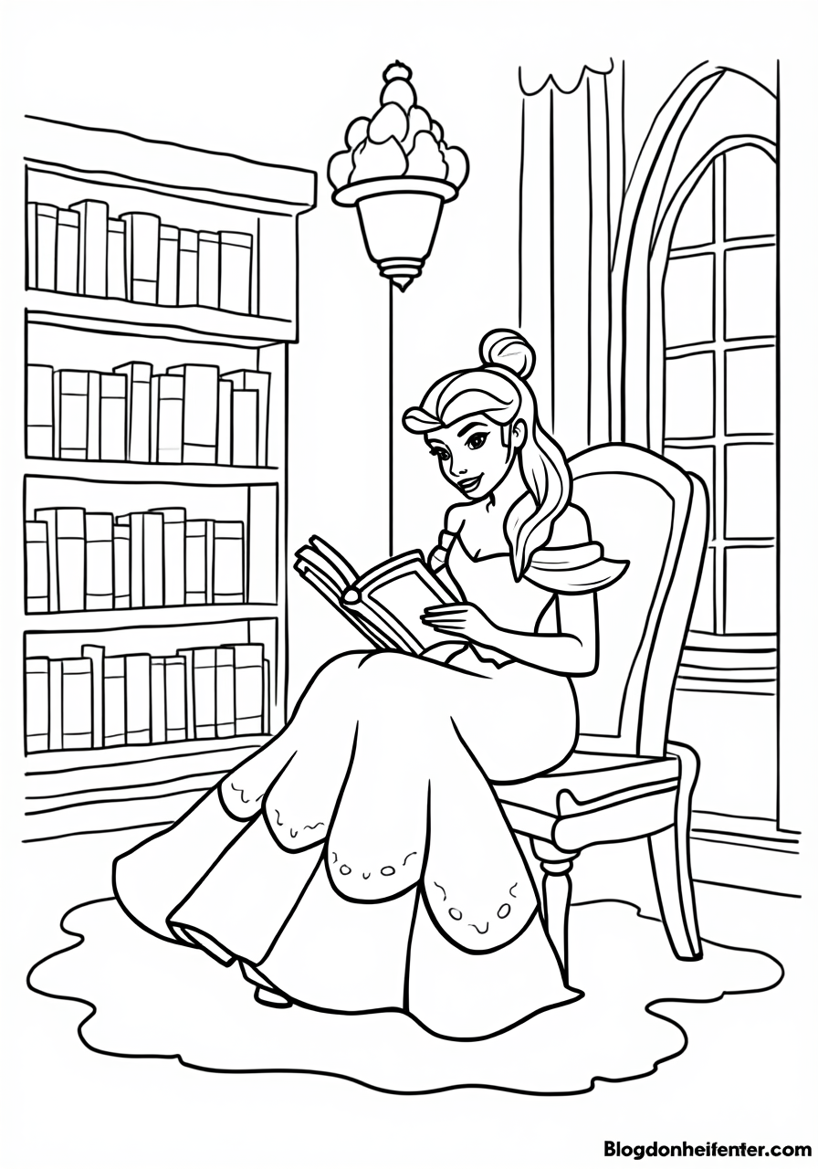 Belle Reading in the Castle Library – Free Disney Coloring Page