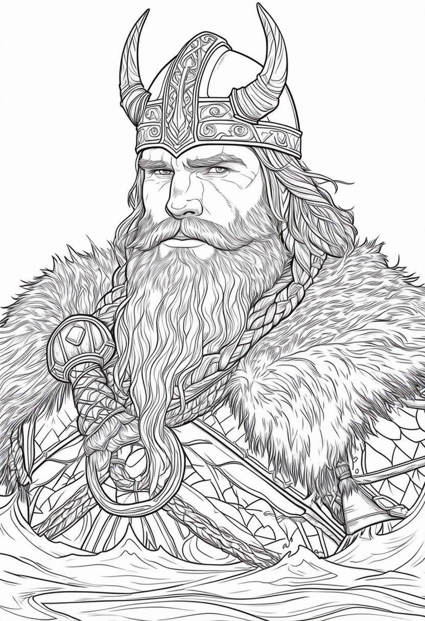 Viking On His Voyage In Enchanted Waters - Free Fantasy Coloring Page