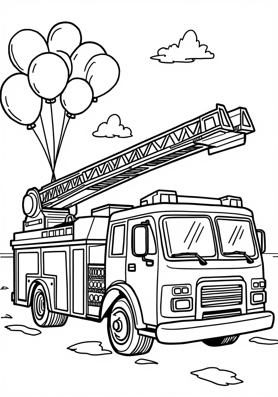 Fire Truck Delivering Balloons To A Birthday Party - Free Coloring Page