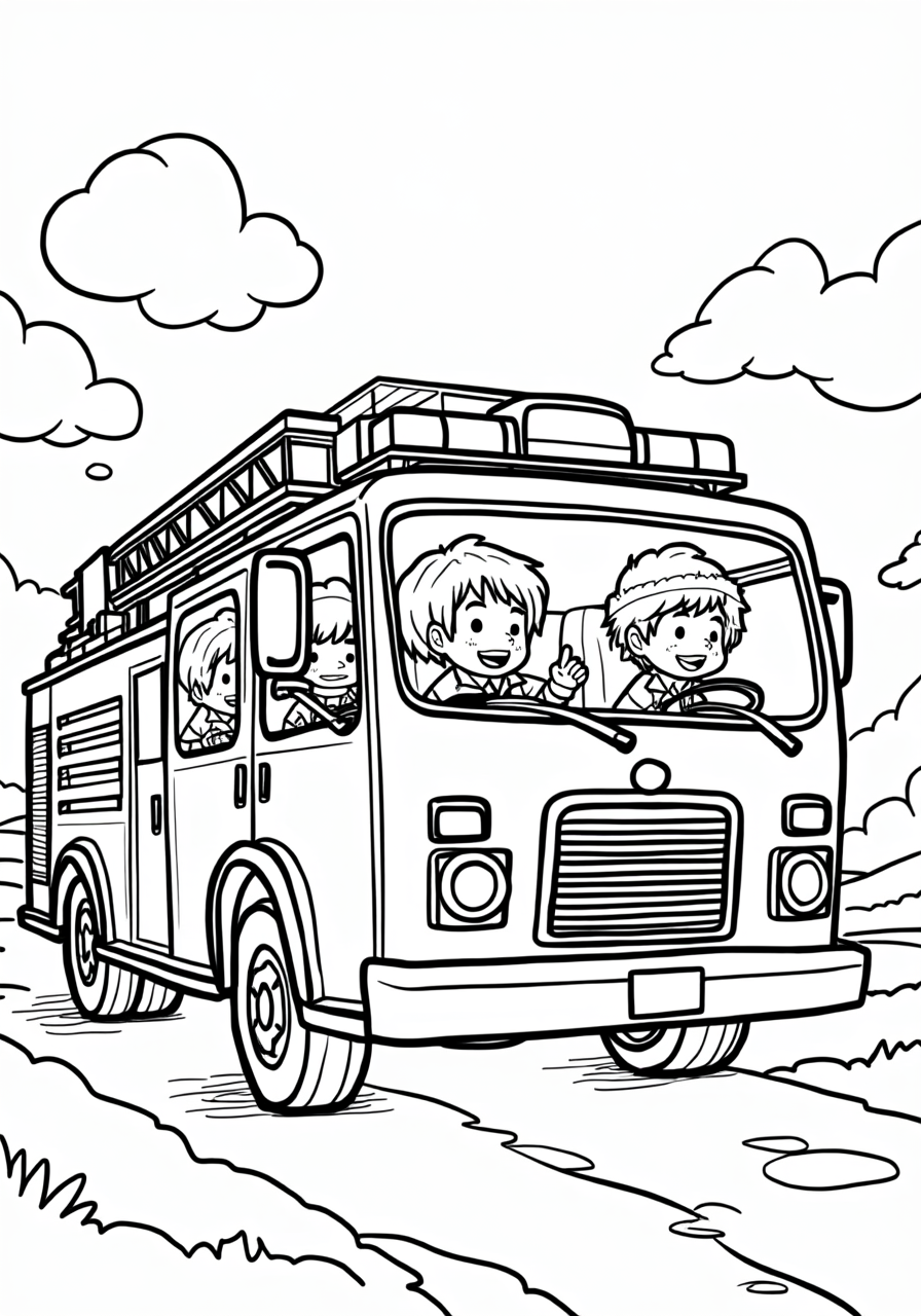 Little Kids Visiting a Fire Truck Tour - Free Coloring Page for Kids