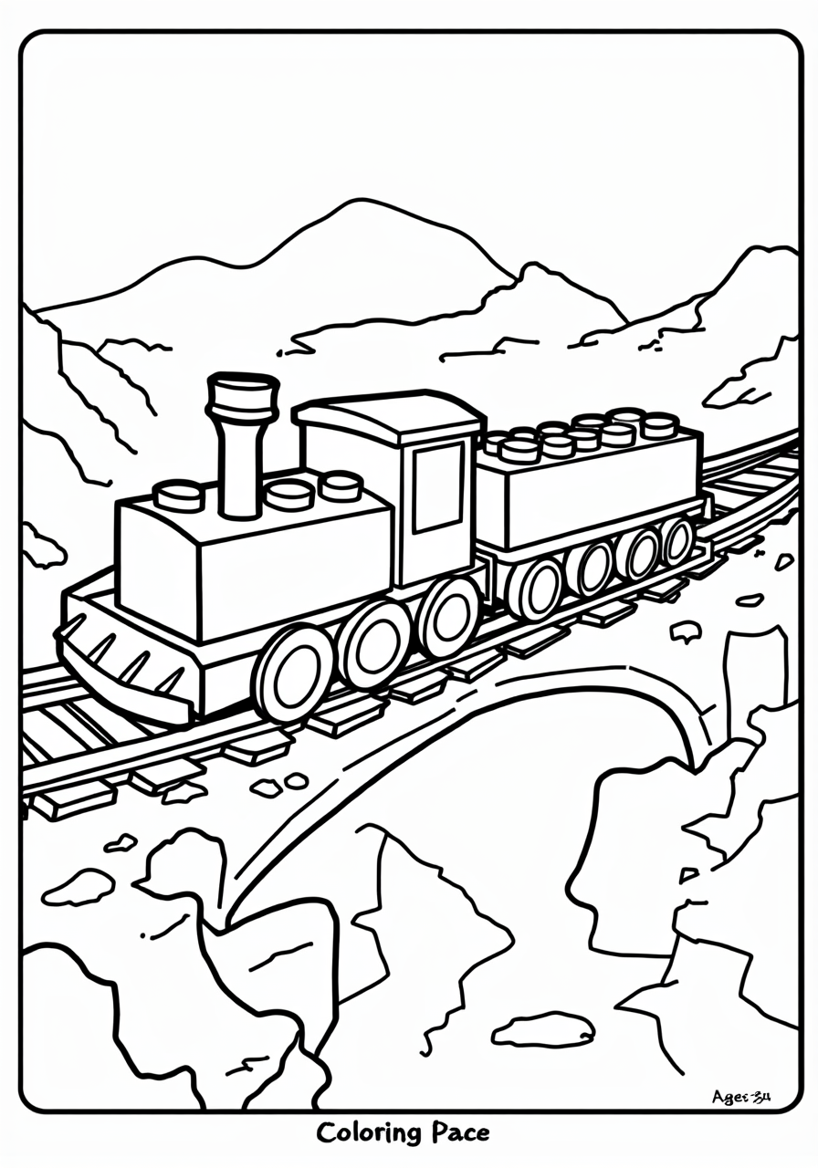 Lego Train Crossing a Rocky Bridge - Free Train Coloring Page