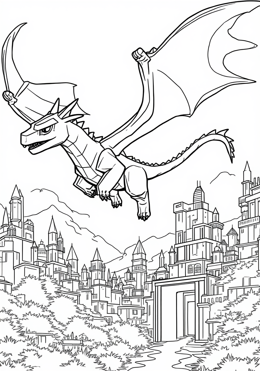 Ender Dragon Flying Over The End City - Free Minecraft Coloring Page