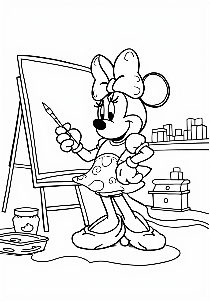 Minnie Mouse Teaching Art Class - Free Printable Coloring Page