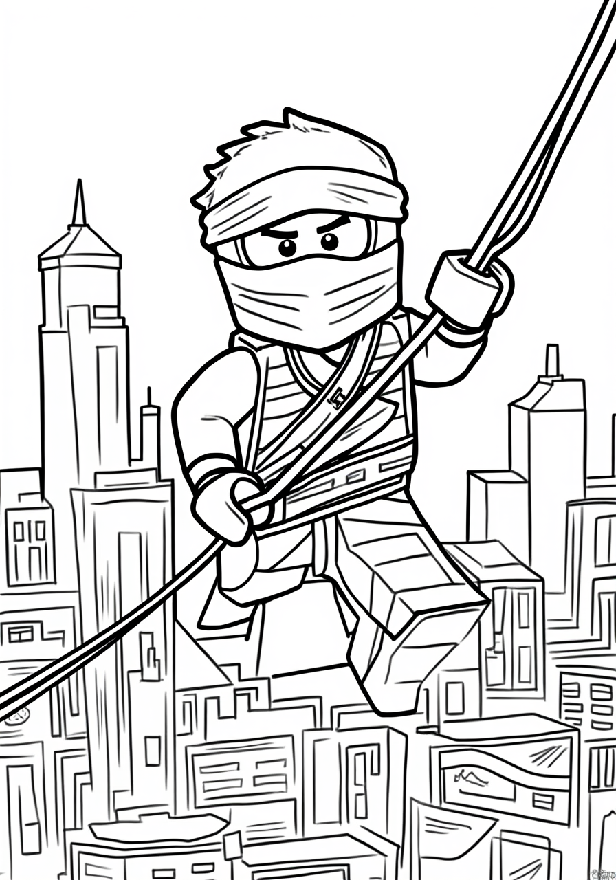 Jay Ziplining Through Ninjago City - Free Ninjago Coloring Page
