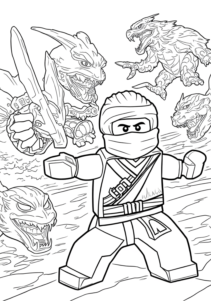 Lloyd Battling Serpentine Warriors - Free Ninjago Coloring Page