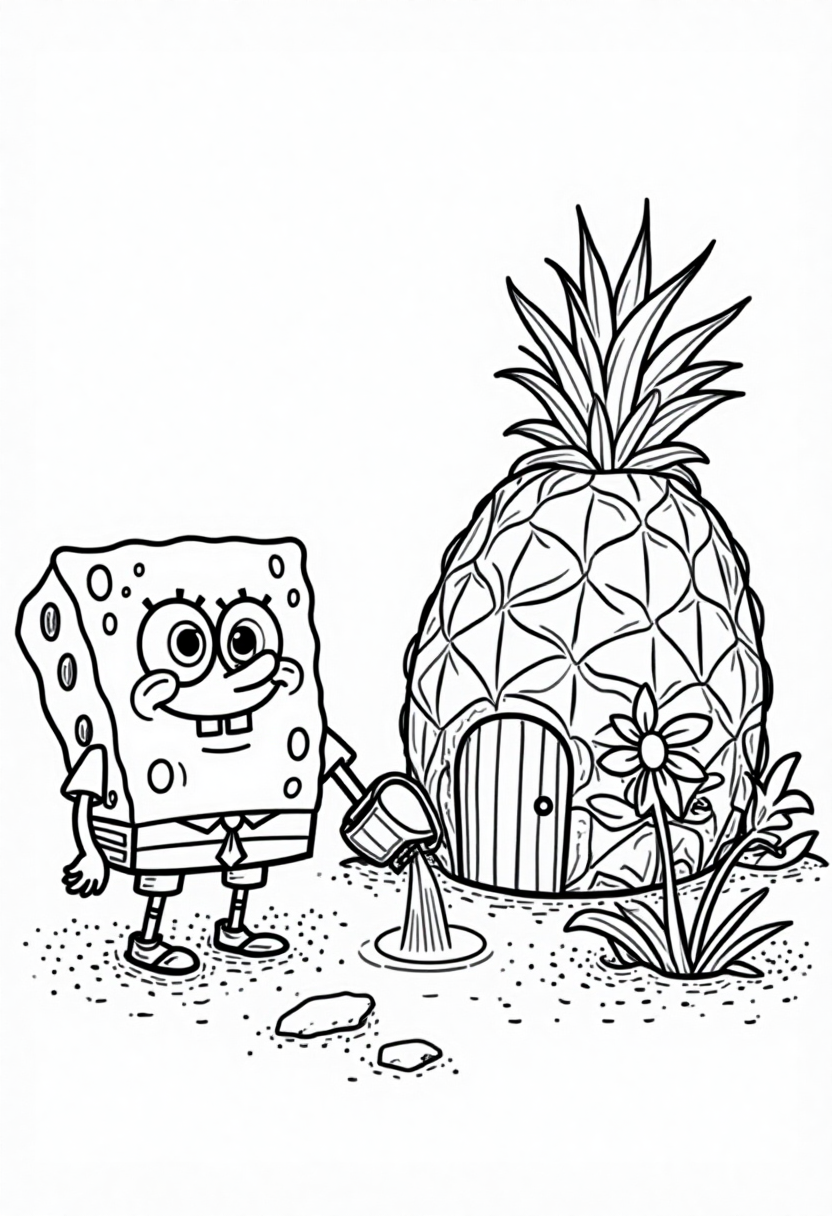 Spongebob Watering Flowers Outside His Pineapple House - Free Coloring Page