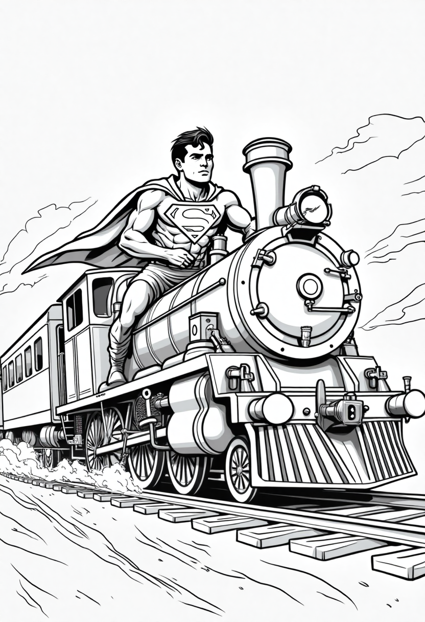 Superman Racing a Speeding Train - Free Printable Coloring Page